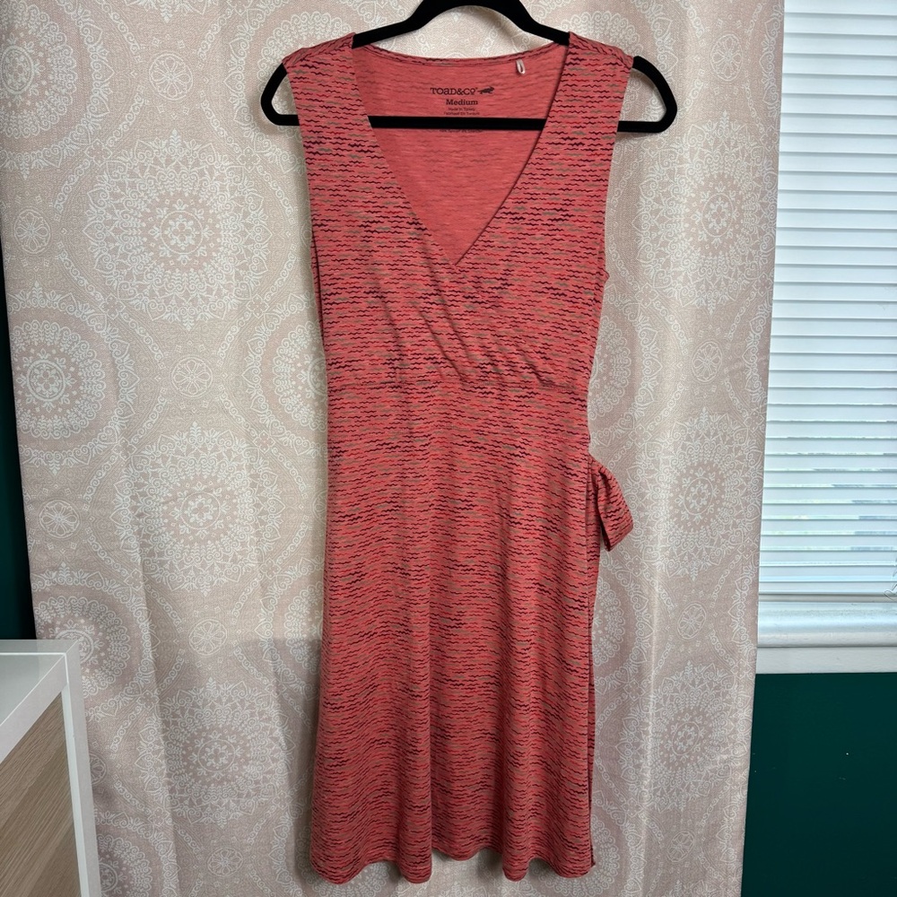Toad & Co Sleeveless V-Neck Peach Orange Waist Tie Dress Tenecel Organic Cotton